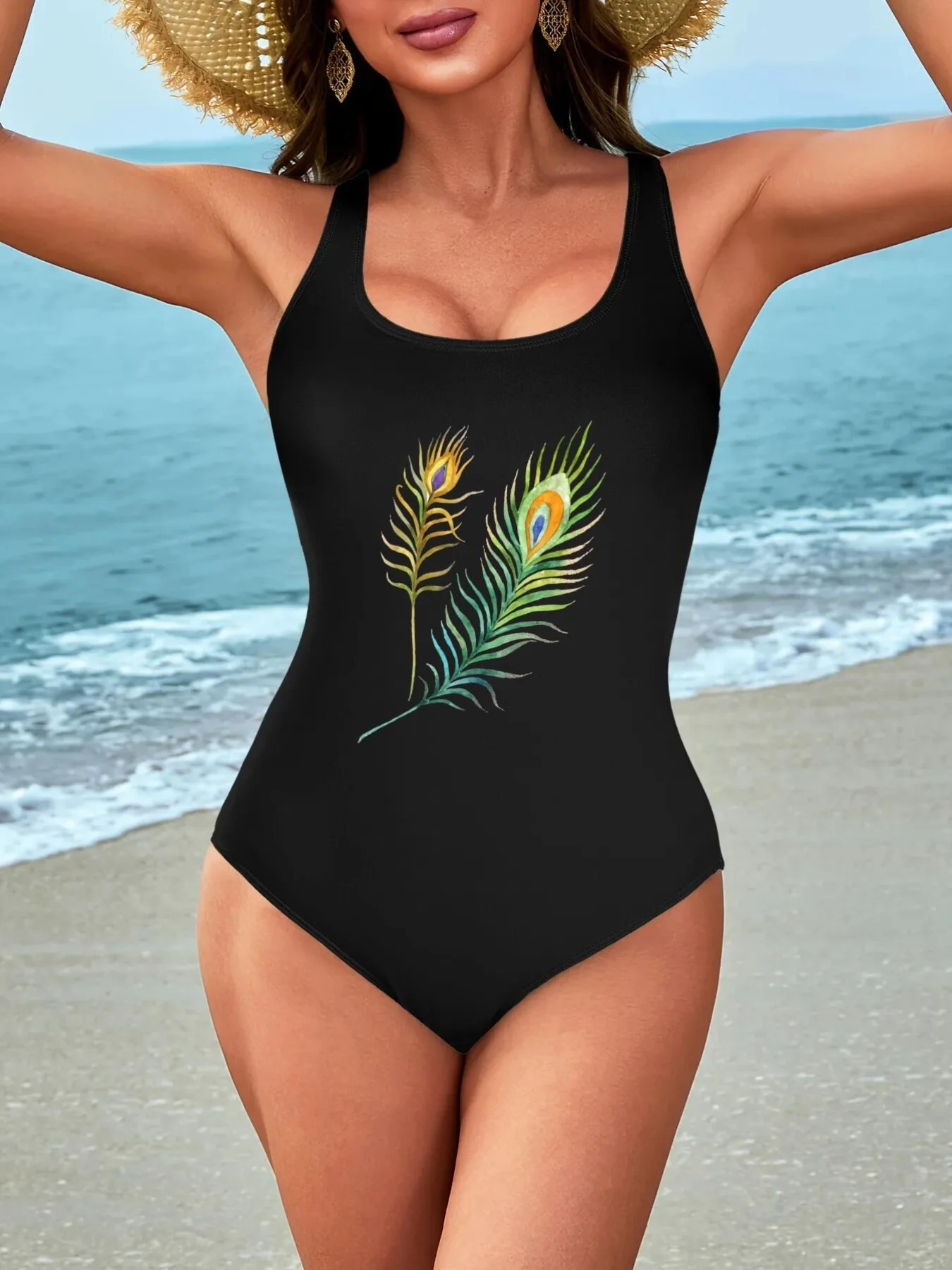 Traje de baño de una pieza: traje de baño elegante naranja vibrante de talle alto para playa y piscina, lavable a máquina, moda junto a la piscina