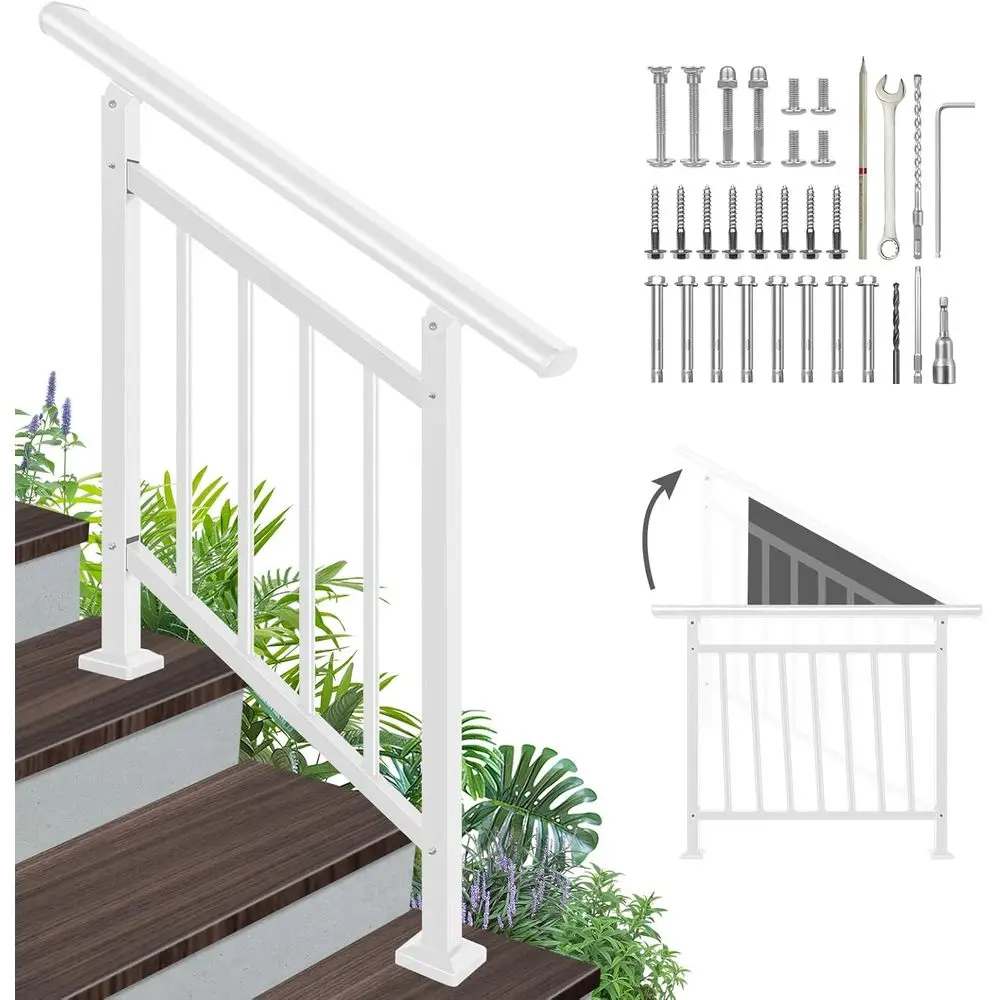 Metal Stair Railing with Kit, 3-Step Handrail for Outdoor Steps, Wrought Iron Railings