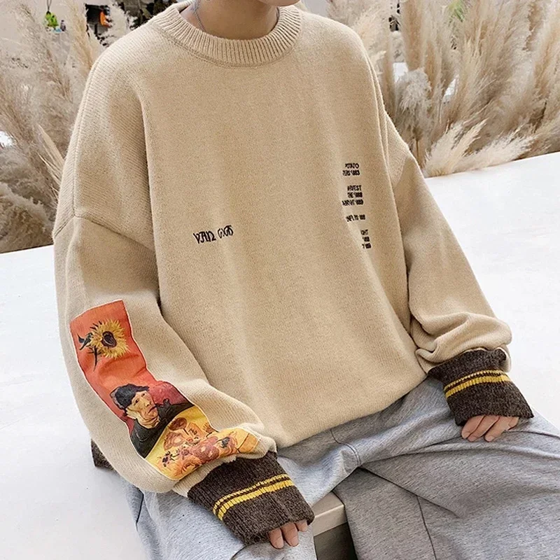 Hop Pullover Painting 2022 Sweater Homme Men Gogh Hip Van Autumn Pull Vintage Cotton Knitted Embroidery