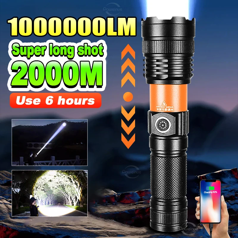 1000000 Lumens High Power LED Flashlight USB Rechargeable Tactical Flashlight Outdoor Portable Camping Lantern Powerful Torch