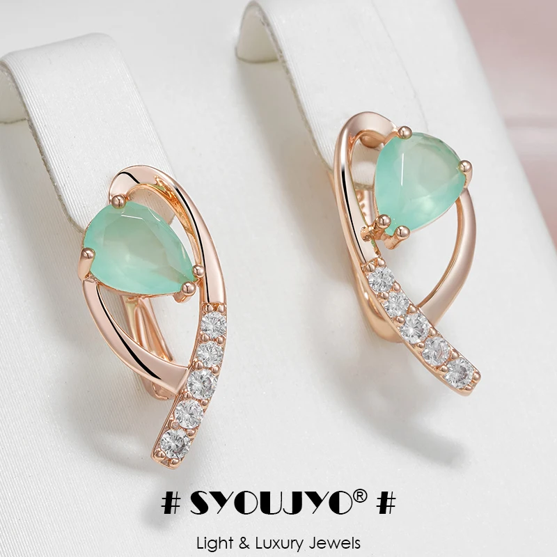 SYOUJYO Green Emerald Natural Zircon Water Drop Earrings For Women Luxury Anniversary Jewelry Gift 585 Rose Gold Color Earring