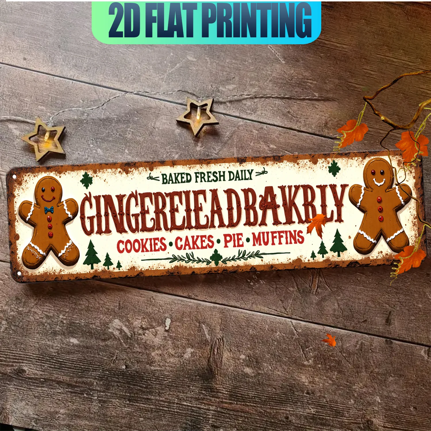 Vintage Gingerbread Bakery Sign -2D Flat,1pc-Rustic Aluminum Wall Decor with Gingerbread Men,Pine Trees&