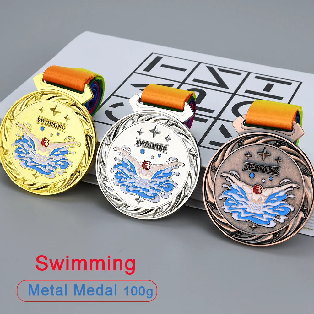 7cm 100g Swimming Medal School Sports Metal Medal Match Medals Badges Souvenirs Swimming Sports Gold Medal with Good Ribbon