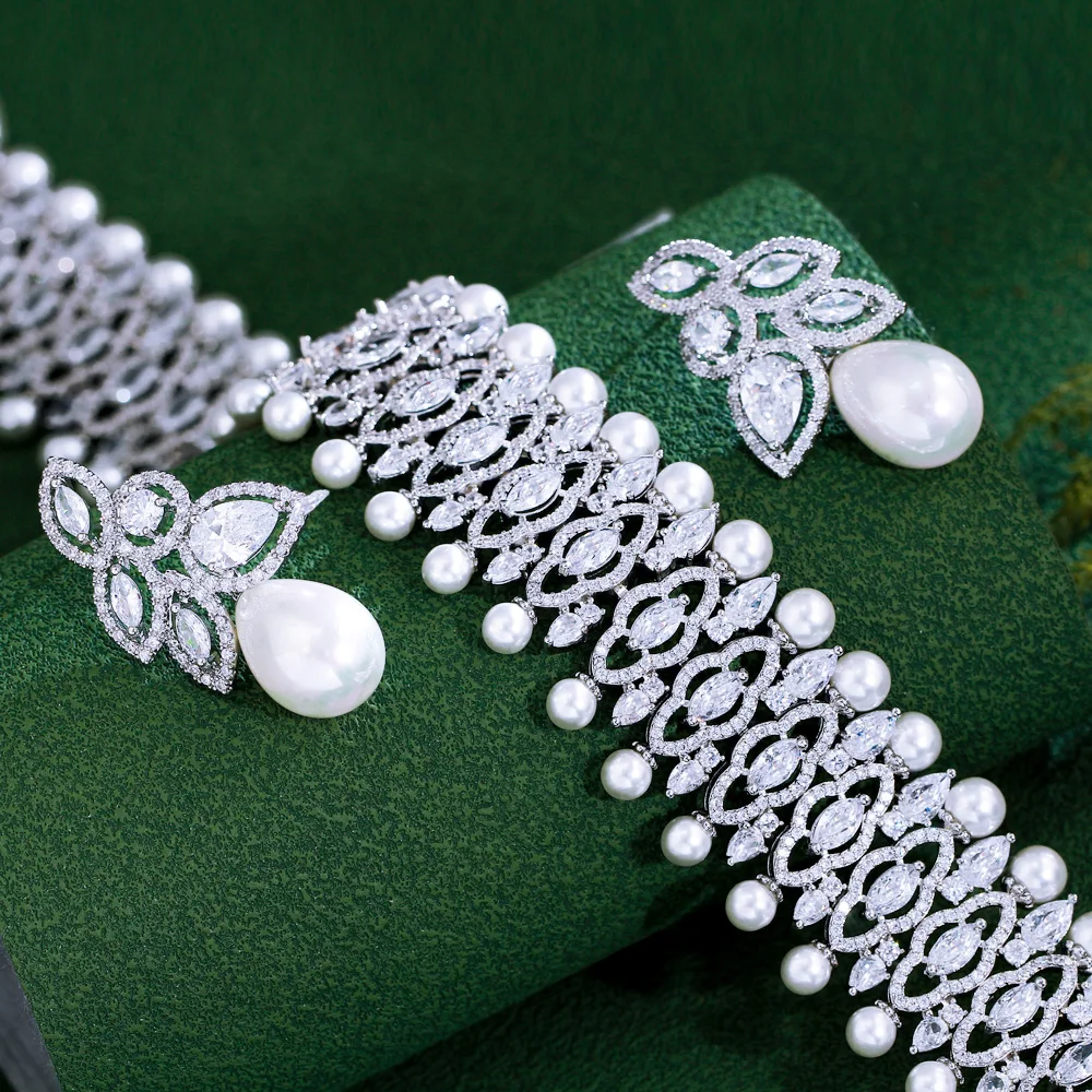 CWWZircons Weiße Zirkonia Große Luxus-Choker-Perlenkette Ohrringe Hochzeit Braut Party Schmucksets für Frauen Großhandel T0931 – Detail 7