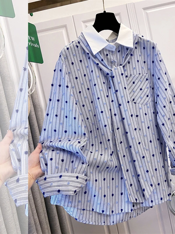 

plus Size Women's Striped irt Autumn Sle Casual Loose Fit Cotton Long Sve Tie Dots Outerwear irt Agel Trendy