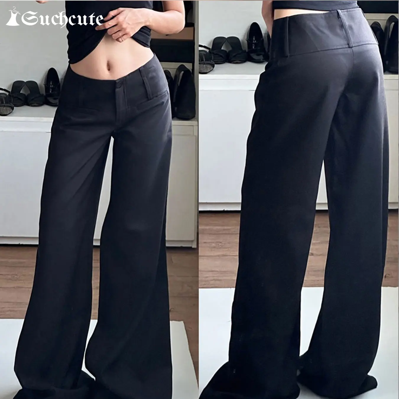 SUCHCUTE Solid Low Waist Straight Suit Pants Vintage Y2K Streetwear Loose Trousers Fashion Casual Pant Women Clothes 2024 Autumn