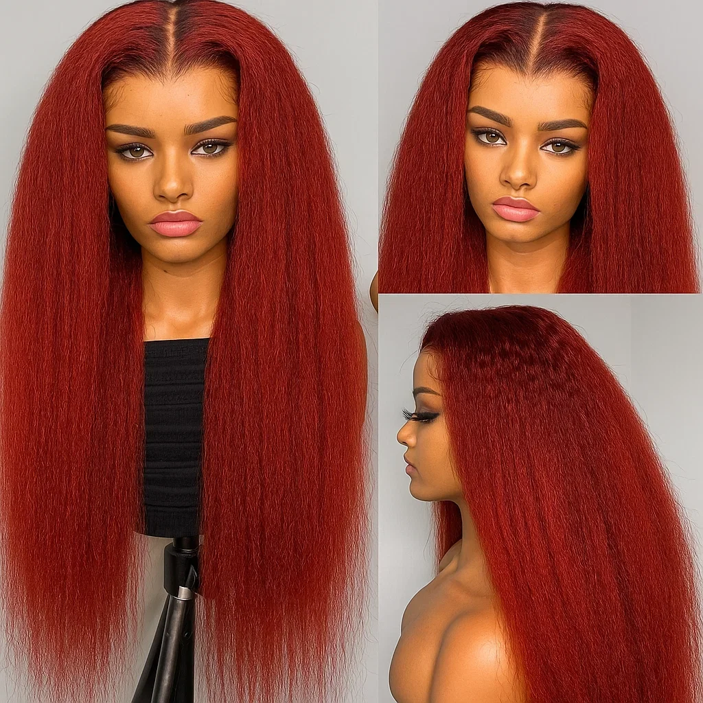 Wig Rambut Asli Wanita Warna Coklat Kemerahan Keriting Lurus 13x4 Lace Front, Wig Keriting Lurus Yaki Warna Tulang dengan Lace Frontal