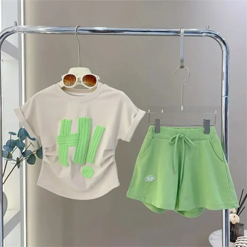 Girls Clothes Sets New Summer Children Short-sleeved Suit Teenage Girls Letter T-shirt Shorts Tracksuit Outfit Clothing Set