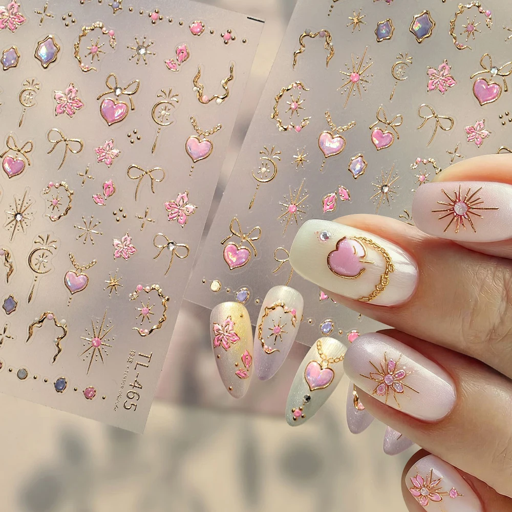 Barocke Herz-Nagelkunst-Aufkleber für Maniküre-Dekoration Goldverzierung Kirschblüten Stern Schleife Nagelaufkleber Selbstklebende Sticker