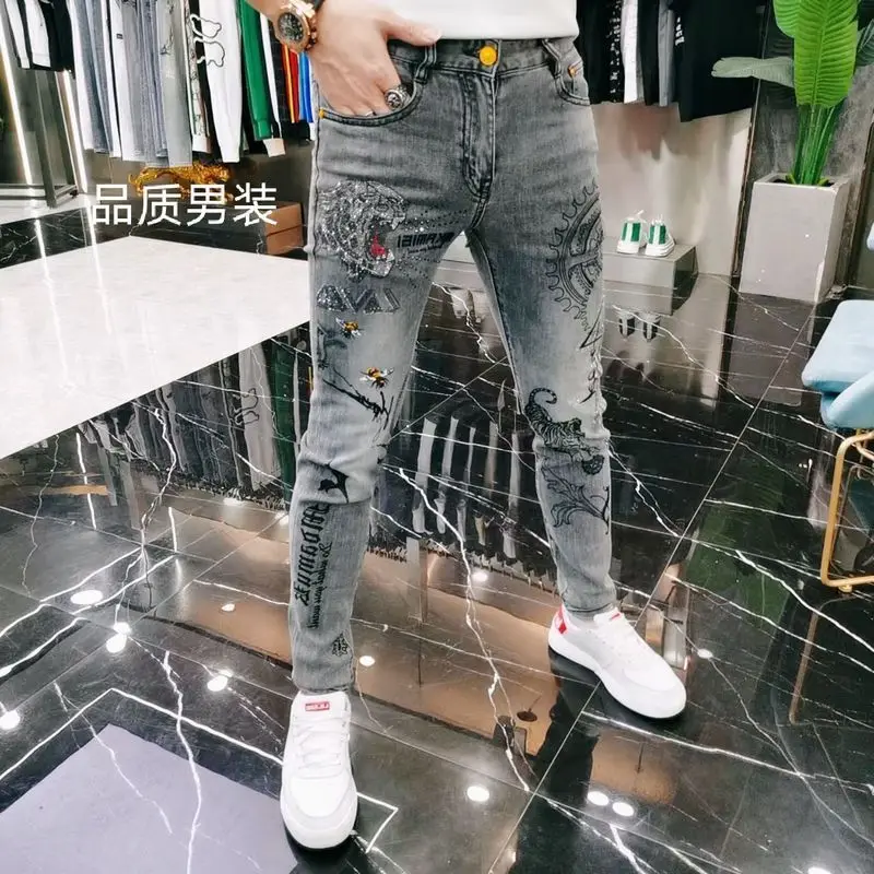 Men's Clothing Spring and Summer high quality Jeans Hot Drilling Printed Trendy Brand Handsome Casual Slim-fit Skinny Trousers