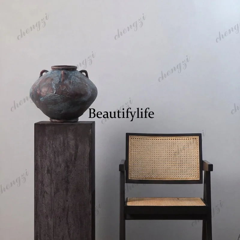 Wabi-sabi wind, new Chinese-style handmade patina ceramic vase, soft flower ornament in hotel model room