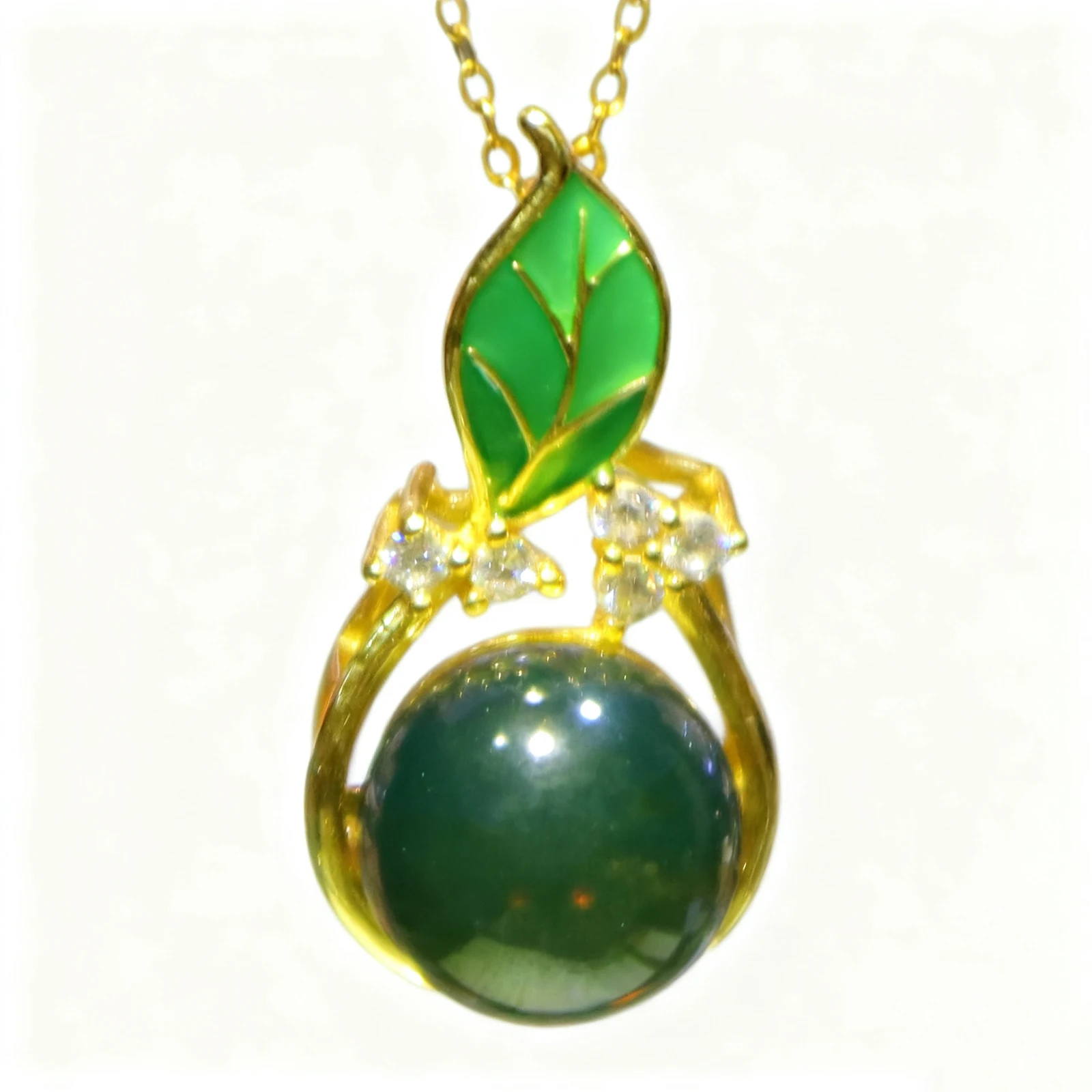 Natural Mexican Blue Amber Sterling Silver Pendant 11mm Round Leaf Enamel Green Art Nouveau Jewelry