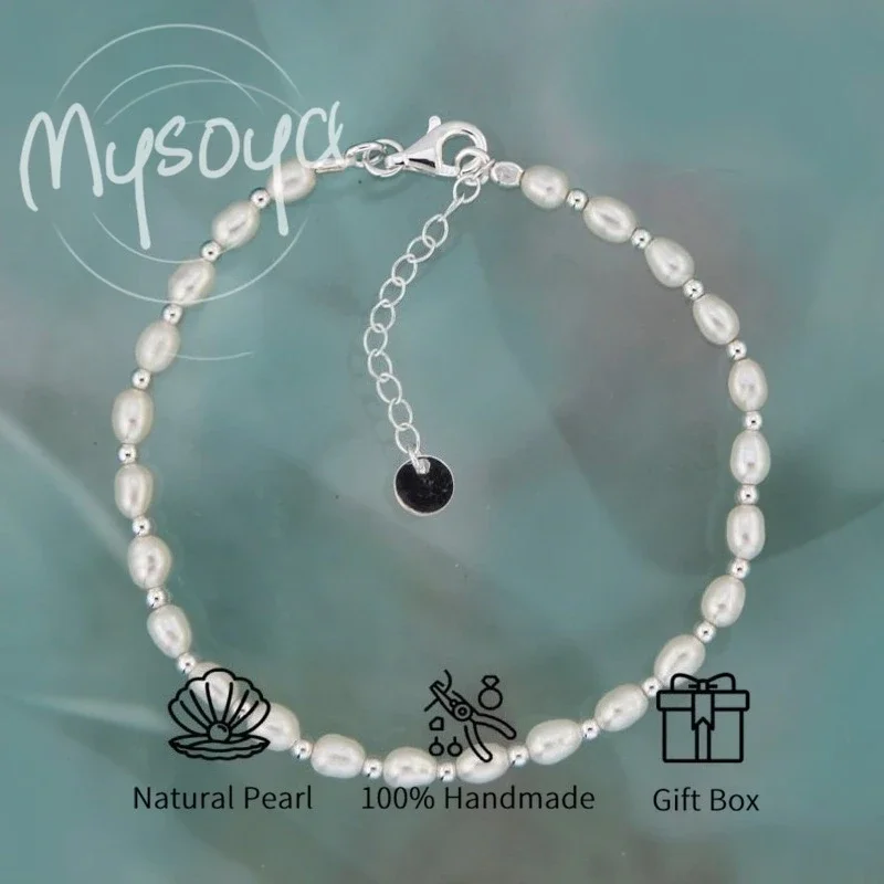 

MYSOYA White Rice-Shaped Freshwater Pearl Bracelet 5-6mm With Gift Box For Him/Her Birthday/Wedding/Christmas/New Year Gift