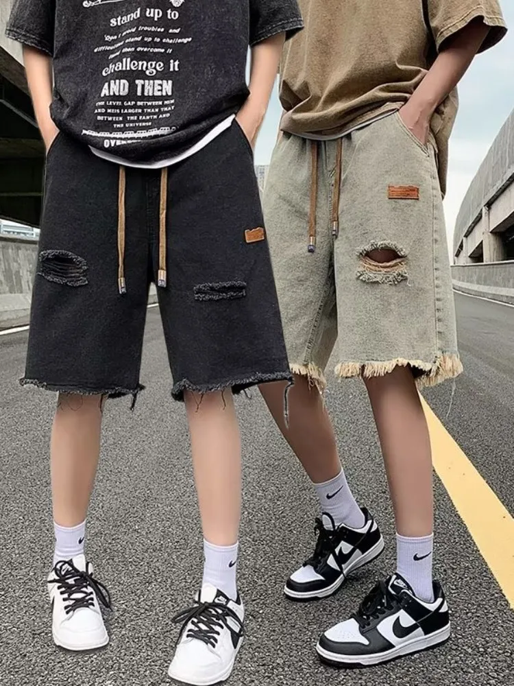 

Мужские летние джинсовые шорты с эластичным поясом, свободного прямого кроя, в уличном стиле, повседневные, средней длины (пять четвертей)