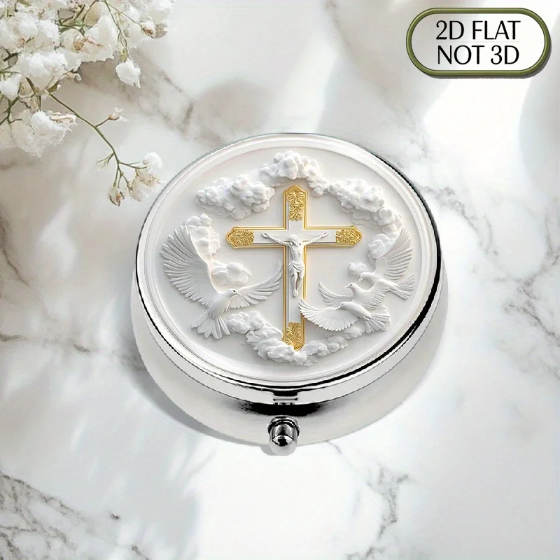 1pc flat portable round metal pill box, featuring a dove cloud and sky design, is perfect for elegantly storing vitamins and medication, and is also ideal for organizing small items or coins. During the summer holidays, it is also a thoughtful gift.