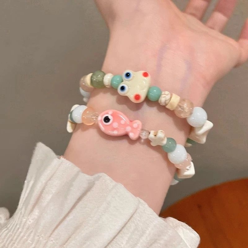 Kpop Acrílico Frisado Pulseira para Meninas, Estética, Geometria, Estrela, Desenhos Animados, Peixe, Cerâmica, Jóias Charme, 2000s, EMO, Acessórios Bonitos, Y2K, Novo