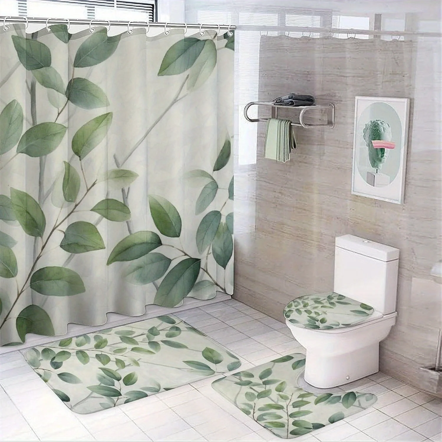 

4-piece botanical bathroom set with floor mat, toilet seat and bath mat, wild green eucalyptus leaves, rustic shower curtain