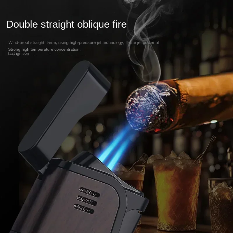 HONEST Portable Dual Direct Charging Angled Fire Metal Lighter Windproof Cigar Lighter Butane Gas Lighter Men's Gift with Box