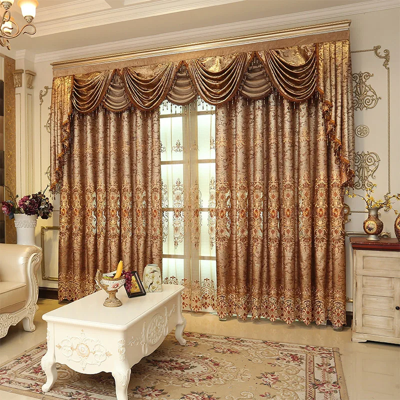 

Luxury European and American Brown Embroidered Living Room High Shading Curtains Bedroom Kitchen Classic High Quality Curtains