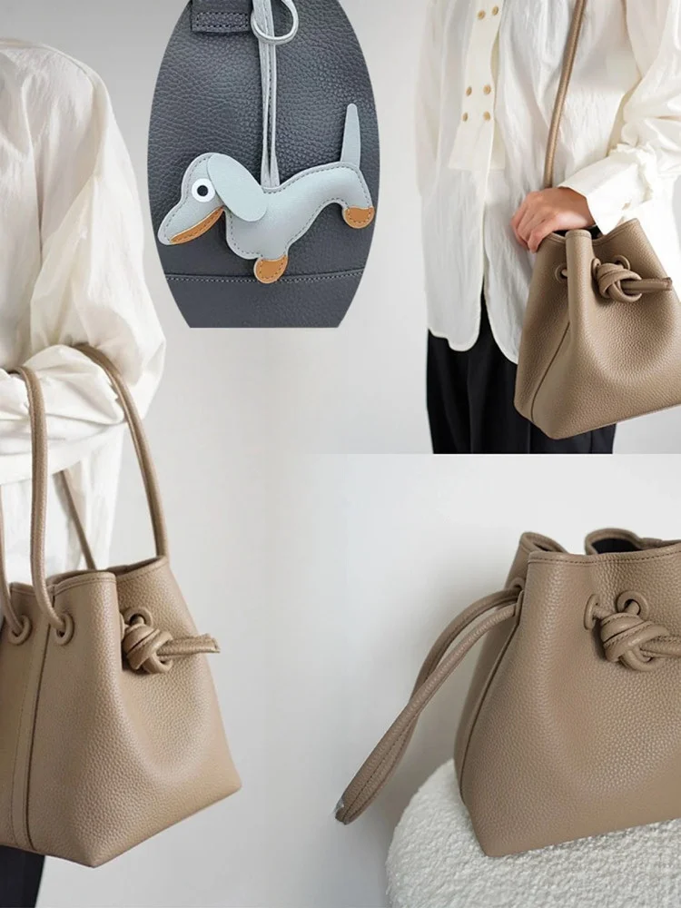 Japanese Style Handheld Water Bucket Bag Drawstring Leather Shoulder Crossbody Bag Casual Chic Vegetable Basket Handbag
