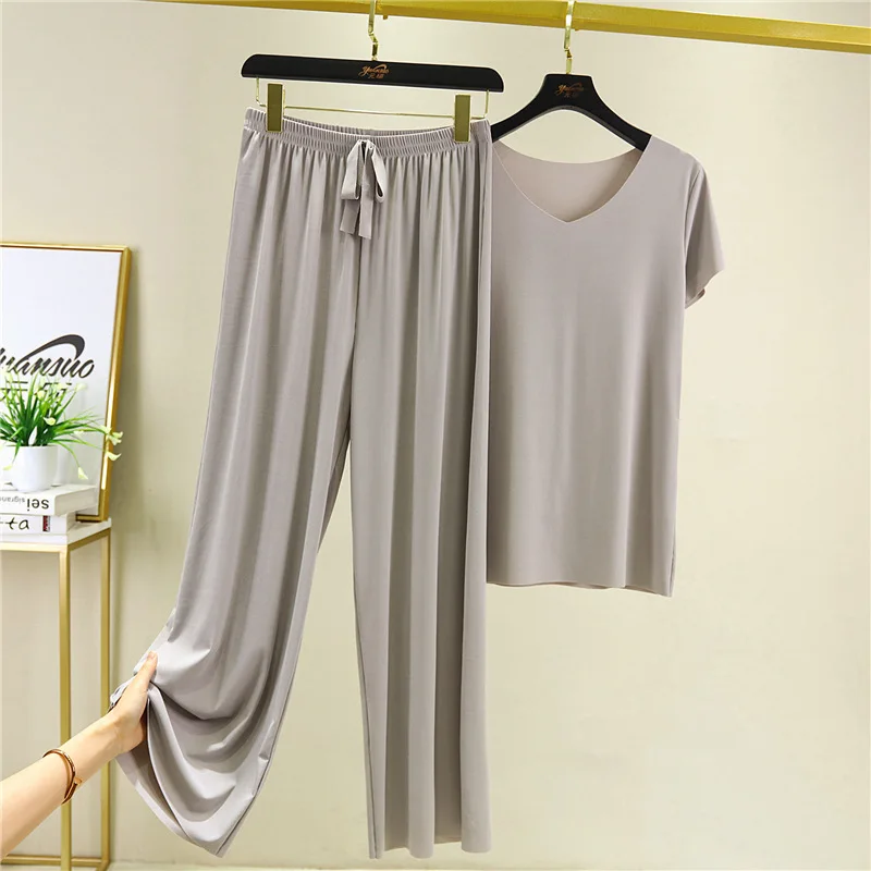 Solid Pijama set Women Clothing Summer Fashion Thin Homewear Casual Loose tshirt Wide Leg Pants Set for Women