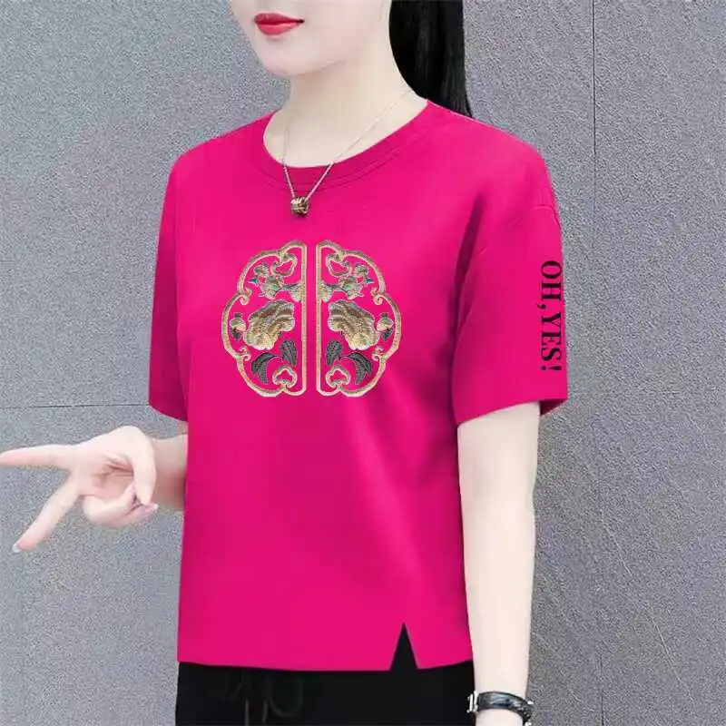 New Chinese Style Loose Short Sleeve T-Shirt Maternity Summer Tops for Women in Their Thirties Polyester Fiber round Neck - view 3