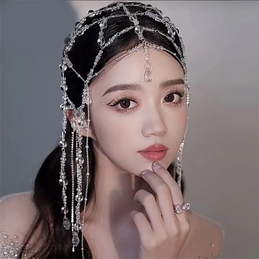 

Shining bridal crown tiara Korean style super fairy crystal tassel beaded forehead ornament high-end wedding styling accessories