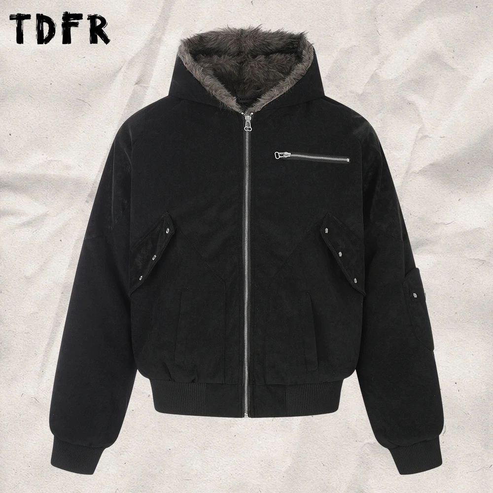 Multi-Pocket Hooded Padded Jacket Mens Winter Loose Suede Long Sleeve Thick Outerwear Man