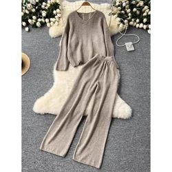 Autumn Winter New Knitted Sweater Suit Women's V-neck Loose Pullover Tops Lazy Style Loose Wide-leg Pants Women Two-piece Sets