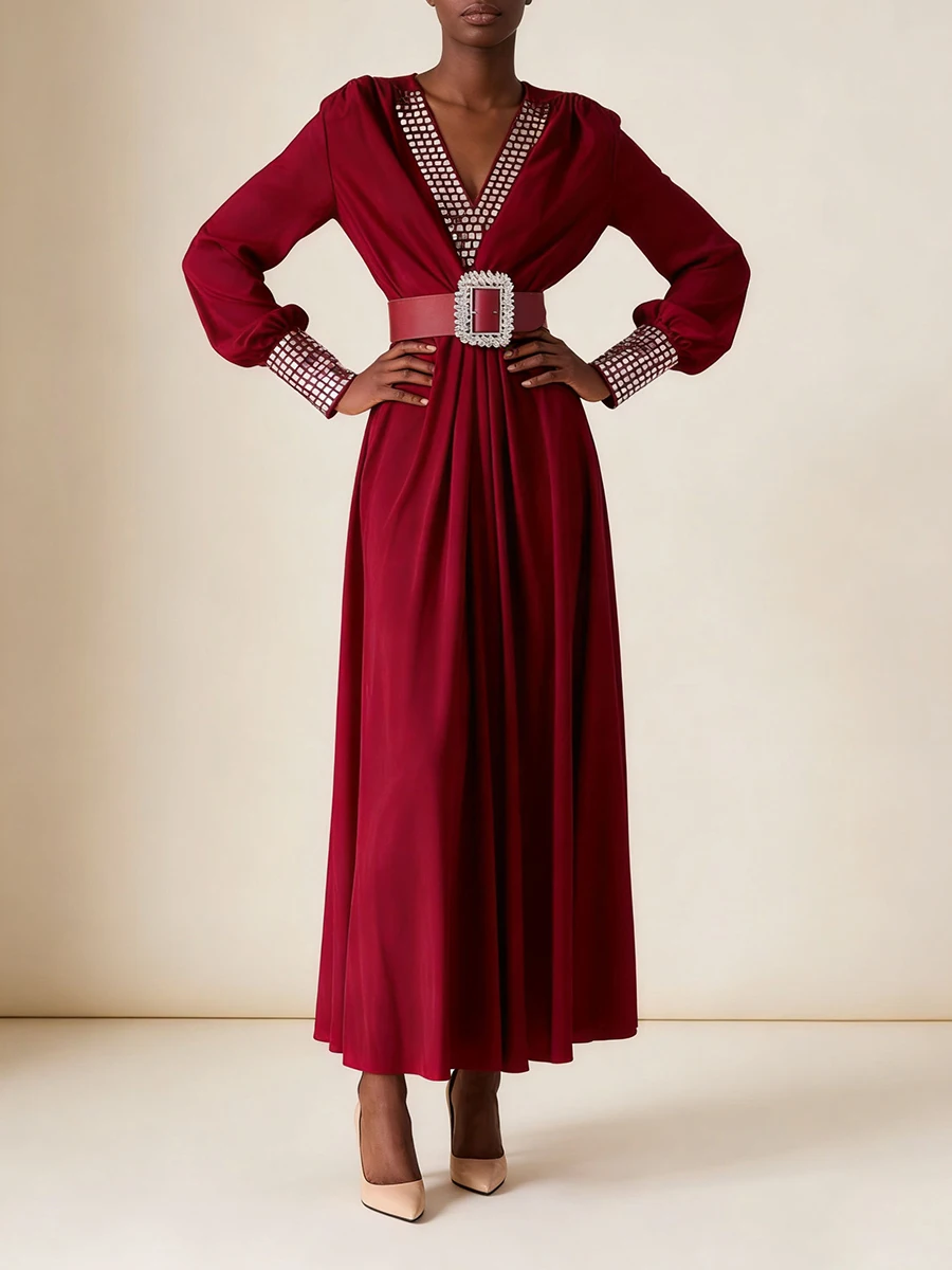 VGH Slimming Spliced Belt Casual Dresses For Women V Neck Long Sleeve High Waist Autumn Elegant Draped Dress Female Fashion New