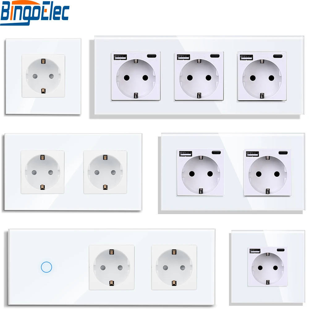 Bingoelec enchufe de pared europeo con USB tipo c, interruptores de luz táctil, Panel de vidrio, retroiluminación azul, interruptor de