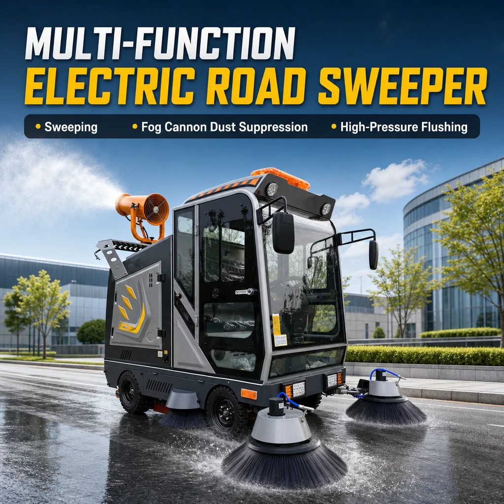 Industrial 2300mm Ride-on Electric Street Sweeper 48V Enclosed Road Floor Cleaning Machine with Water Spray Fog Cannon 240L