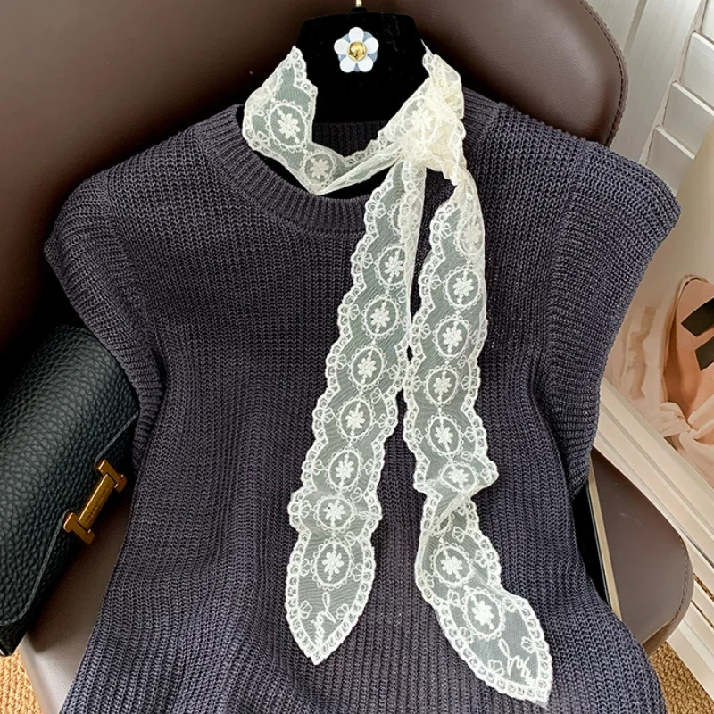 Bufanda de seda larga de encaje blanco Vintage Ins para mujer, cinturón decorativo versátil Y2k para el pelo estrecho, bufanda Premium Spice Girl, novedad de 2025