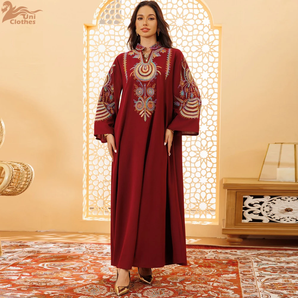 

Uni Ramadan Clothing Dubai Embroidery abaya For Muslim Women's Notched Stand Collar Dresses For Women Gala stylish Kaftan