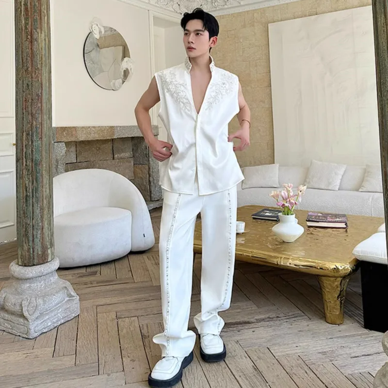 LUZHEN Original Luxury Temperament Pearl Patchwork Stand Neck Sleeveless Shirt Men 2025 Summer Elegant Handsome Tank Tops JY1391