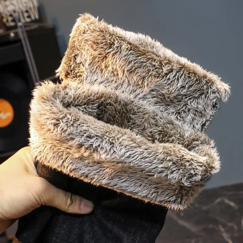 

Winter cold resistant and warm denim jeans for men, fashionable printed trend, elastic slim fit, small feet, and plush pants