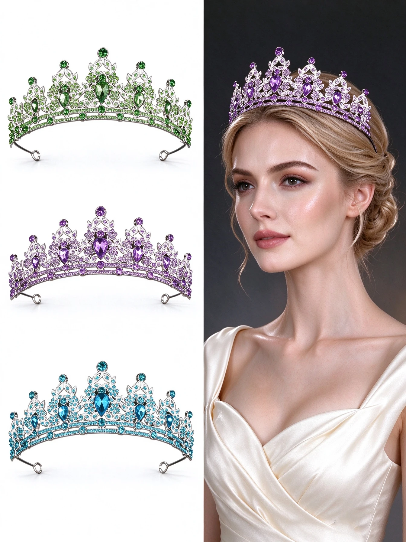 Silver Rhinestone Crown Bridal Headpiece, Multi-Color Options Available, Green, Purple, Blue Crystal Crown, Wedding Dress Evening Party Show Princess Hair Crown