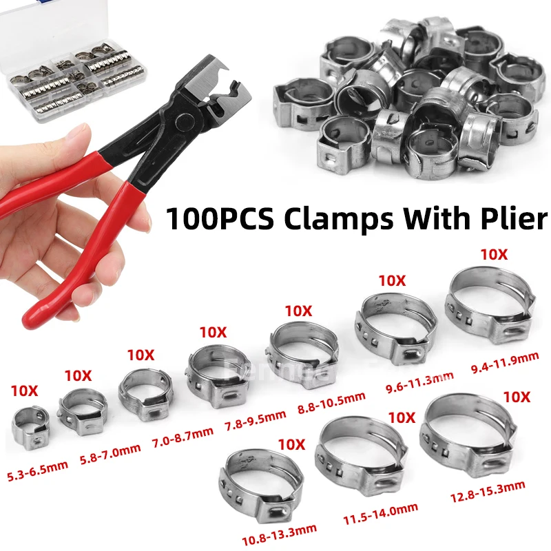 100pcs Single Ear Stepless Hose Clamps or 1PC Hose Clip Clamp Pliers 5.3-15.3mm Stainless Steel Fuel Hose Cinch Clamp Rings