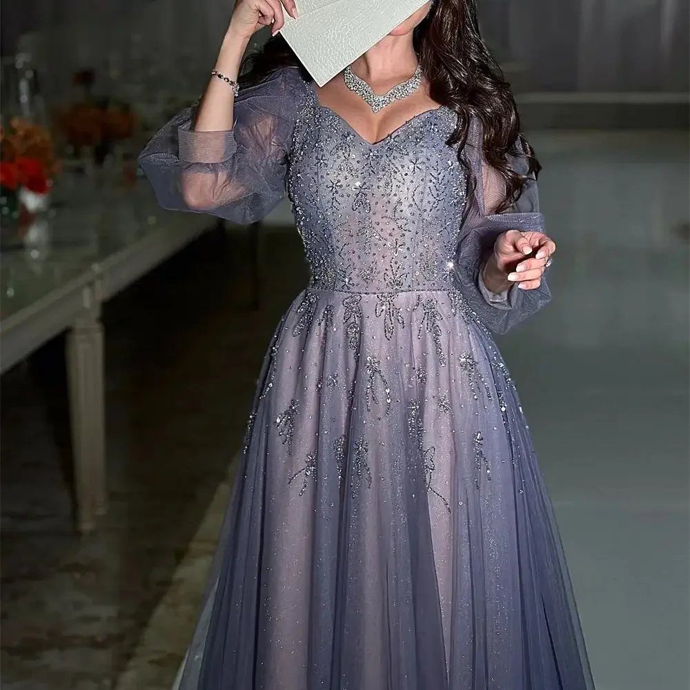 Customized Crystal Beading Fairy Prom Gown Sweetheart A-line Tulle Half Sleeves Evening Dresses Purple Elegant Party Dress Robe