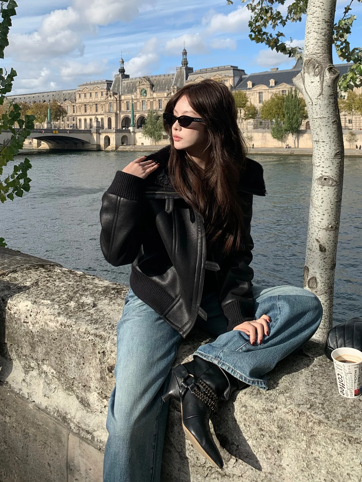 

Тринадцать Синь, ретро-текстура, кожа и меховая куртка с двойным воротником, утягивающее, не объемное, двустороннее, корейское пальто для поездок на работу