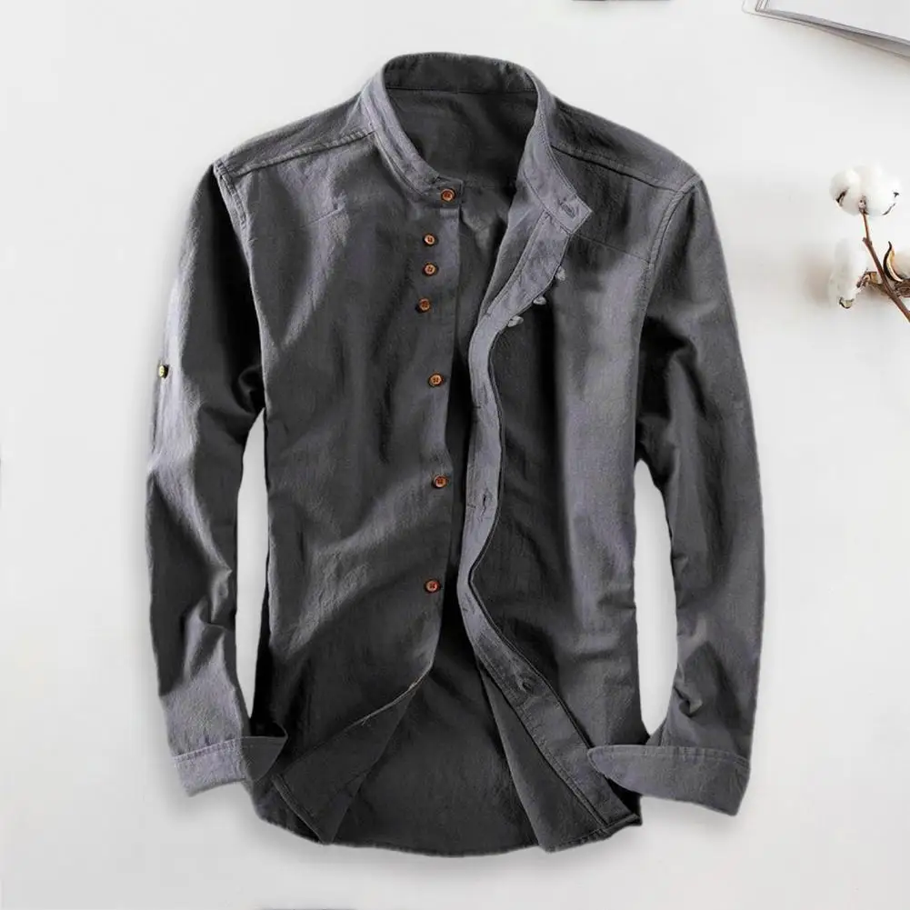 

Japan Style Mens Linen Cotton Shirt Harajuku Stand Collar Long Sleeve Slim Fit Solid Color Male Casual Breathable Classical Tops