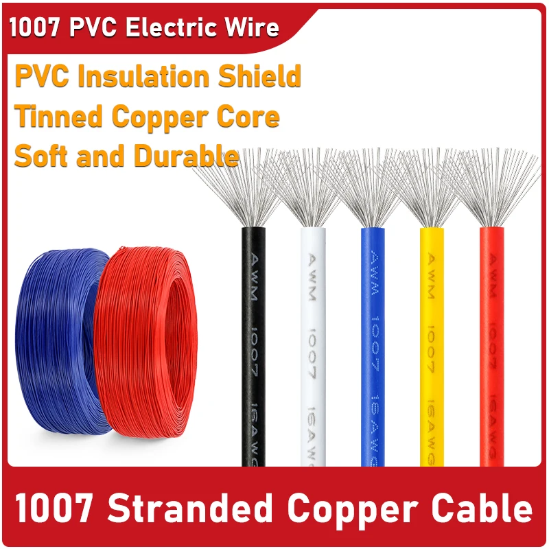 

2/5m 1007 Electric Cable Stranded Copper Wire 26 24 22 20 18 16AWG PVC Insulated Tinned Plating Flexible LED Connection