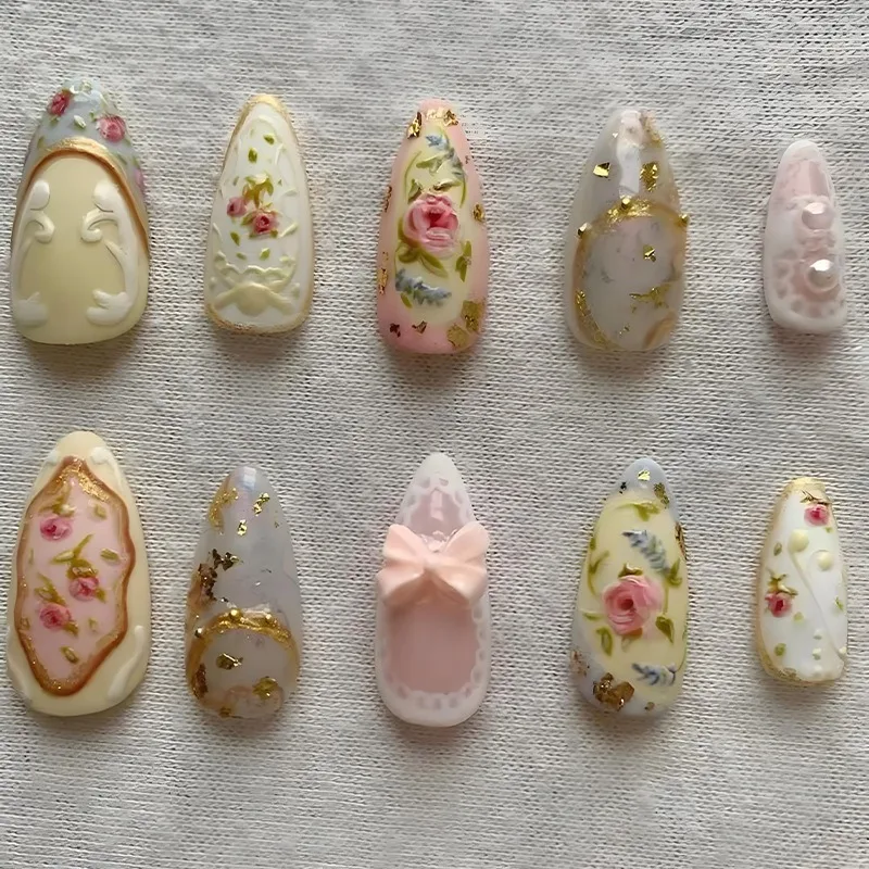 

24PCS 3D Embossed Pink Bowknot Almond Press on Nails Sweet Floral Pearl Oil Painting Style French Fake Nails for Women Wearable