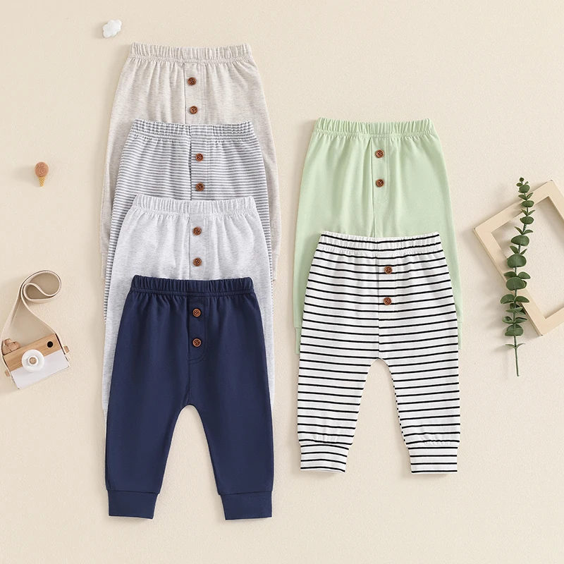 Toddler Infant Baby Boy Clothes Solid Color Pants Button Elastic Trousers Striped Casual Jogger Pants Spring Autumn Slacks