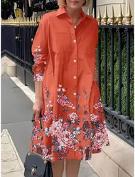 Dames Bloemen Bedrukte V-Hals Lange Herfst Mode Lange Mouw Temperament Shirt Jurk Casual Revers Zakken Oversized Maxi Jurken