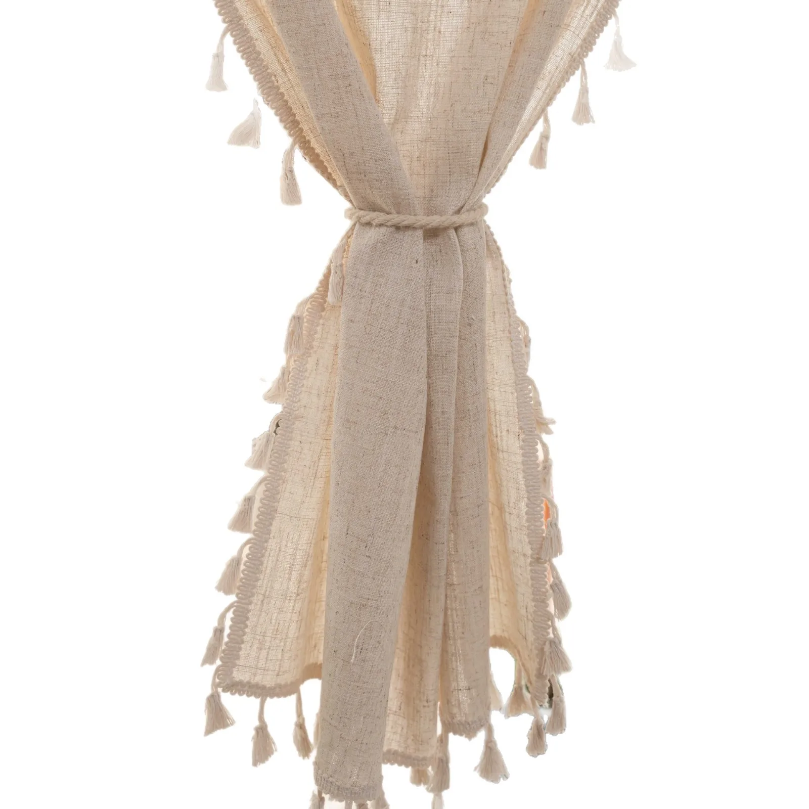 Boho Floral Windows Beige Tassel Curtain Vintage Cotton Linen Blend for Bedroom Living Room Semi-Blackout Home Decoration Luxury