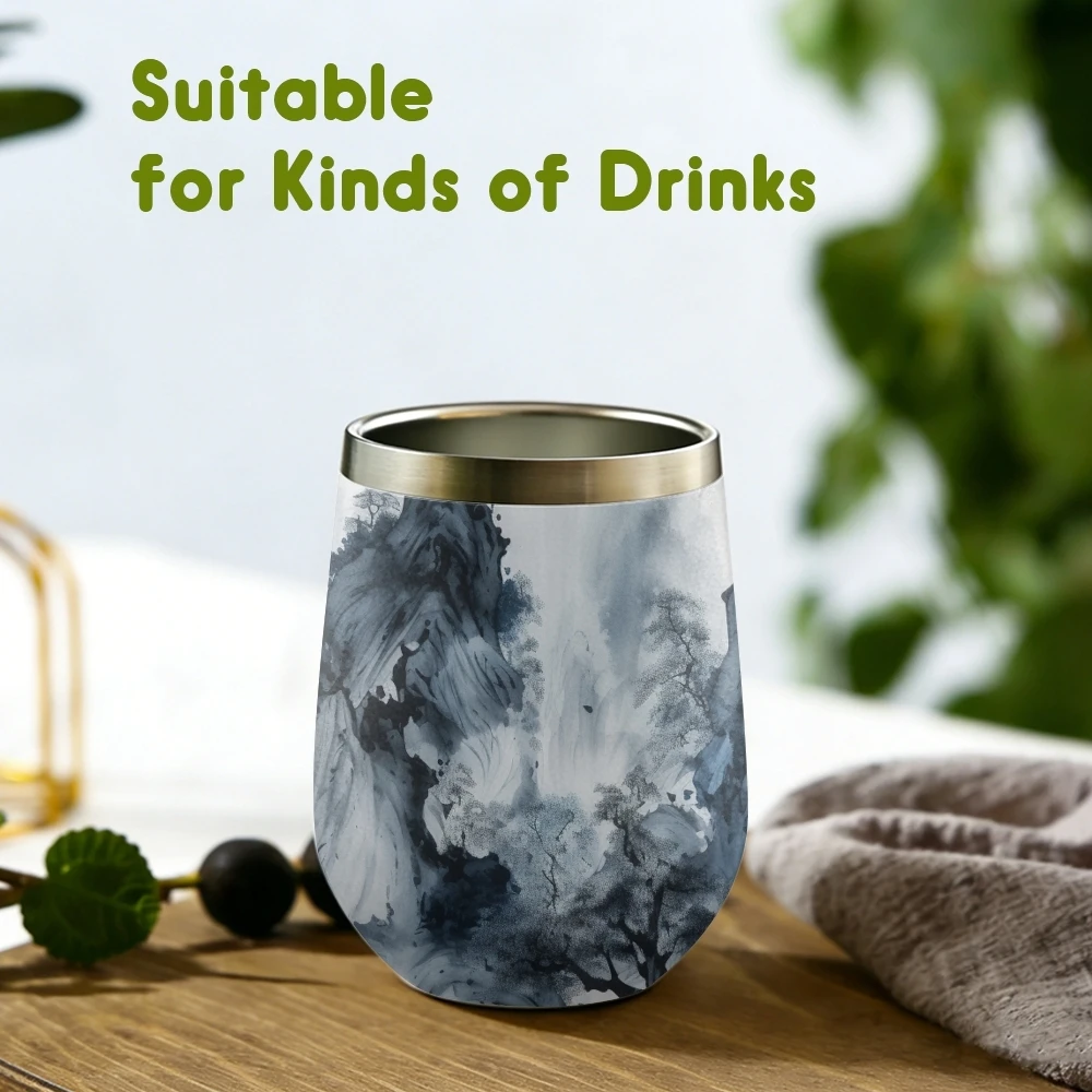 

Zen Ink Wash Pattern Vacuum Flasks 12oz Insulated Wine Tumbler Vacuum Coffee Mug Egg Shape Thermos Cup