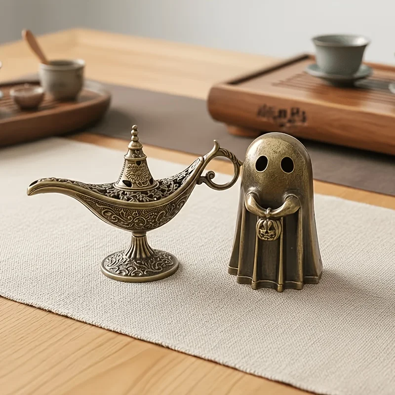2 porte-encens portables en forme de citrouille fantôme et 2 porte-encens vintage en métal en forme de lampe de djin | Décoration pour la maison, le jardin et la table