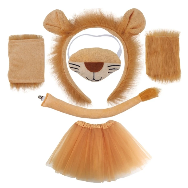 Child Lion Cosplay Set Animal Dress up Costume Lion Hairband, Tail, Skirt, Bowtie for Kid Birthday Party Halloween