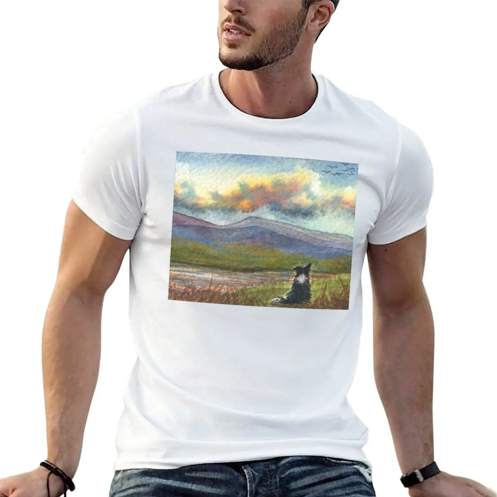 

Border collie dog meditates on the hills and mountains before him T-Shirt man t shirt summer funny t shirts man T-Shirt